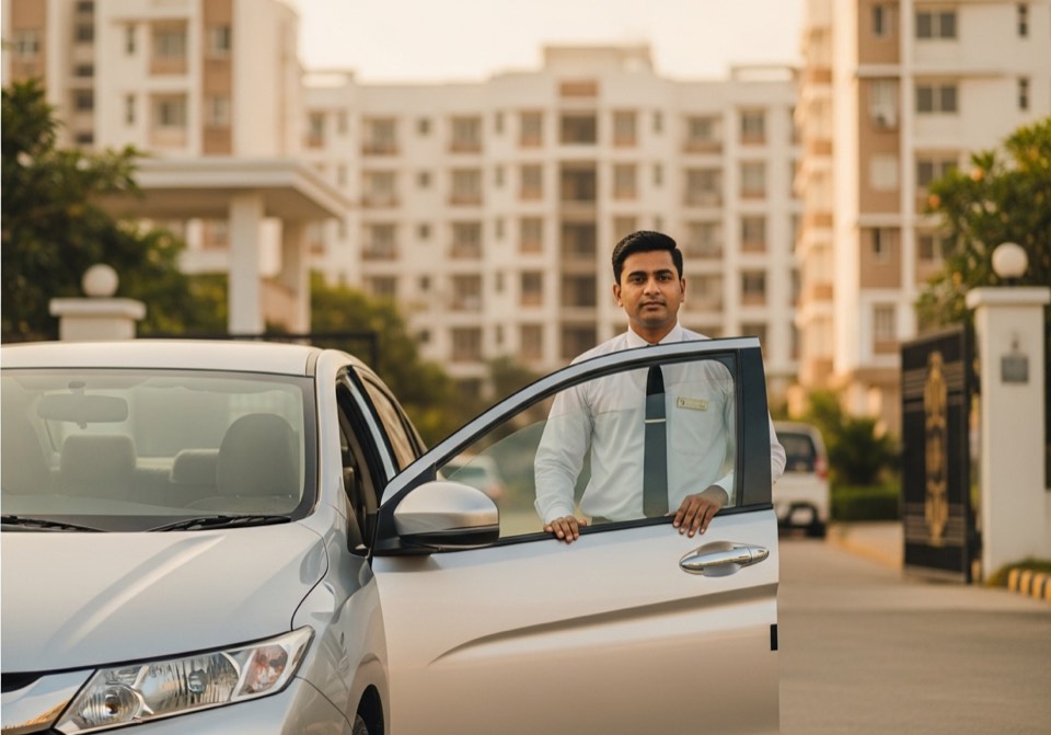 A DriverOnDoor driver holding open the door of a customer's car before a trip