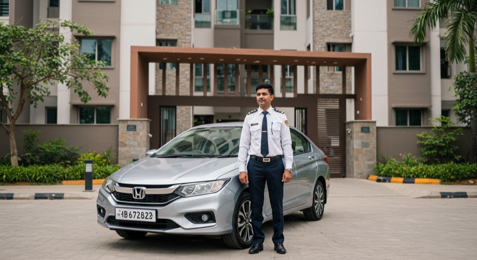 A uniformed DriverOnDoor driver standing beside a car outside a residence